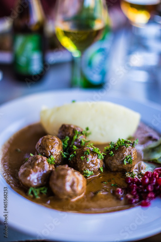 A classic Scandinavian meal, Swedish meatballs with mashed potatoes and Danish beer