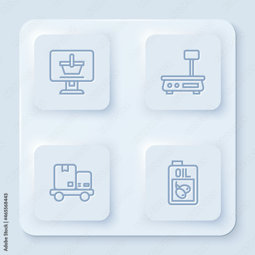 Set line Shopping cart on computer, Electronic scales, Hand truck and boxes and Bottle of olive oil. White square button. Vector