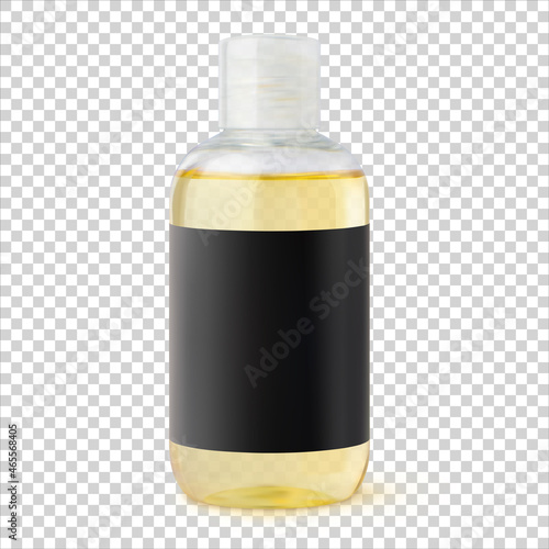 Oil skin care and body care bottle with black label 3d realistic vector illustration mockup, isolated. Plastic container with makeup remover, massage oil, cosmetic product, natural argan oil