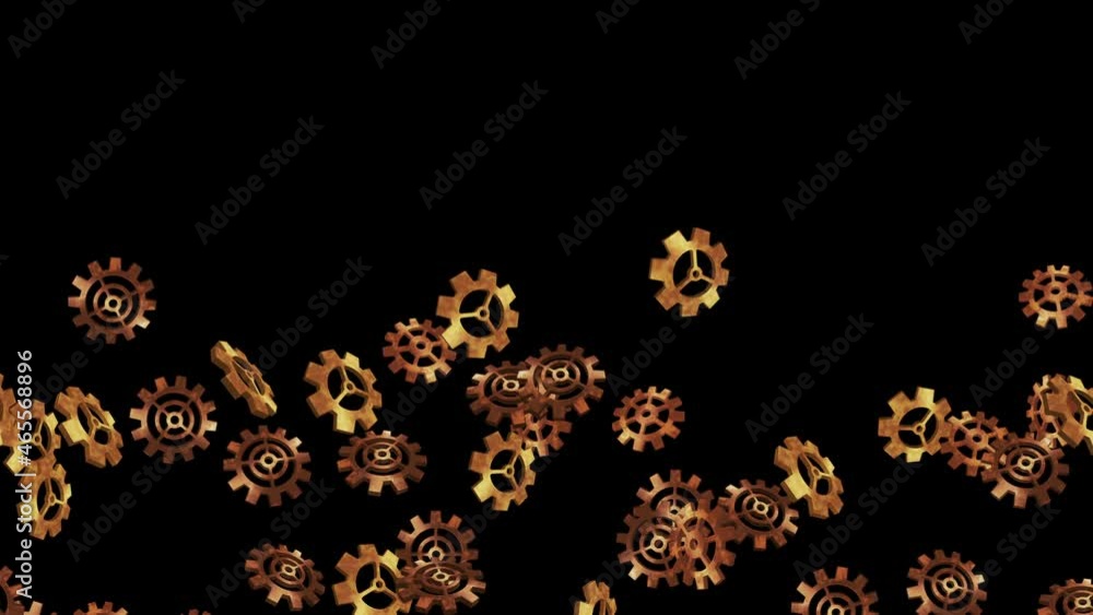 Golden metal gears floating in air on black background. Configuration settings of computer. Gold wheel. Business concept. Loop animation. Golden metal gears floating in air on black background. Configuration settings of computer. Gold wheel. Business concept. Loop animation.