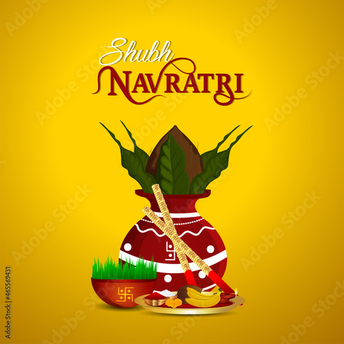 Happy navratri invitation greeting card with vector illustration of traditional kalash and puja thali