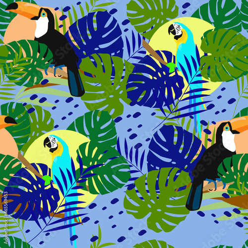 Seamless tropical pattern with monster leaves, toucans and parrots. Vector illustration EPS8 