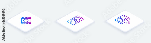 Set Isometric line Condom in package, Money growth woman and . White square button. Vector