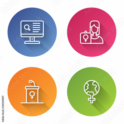 Set line Dating app, Feminist activist, Debate podium rostrum and Feminism the world. Color circle button. Vector