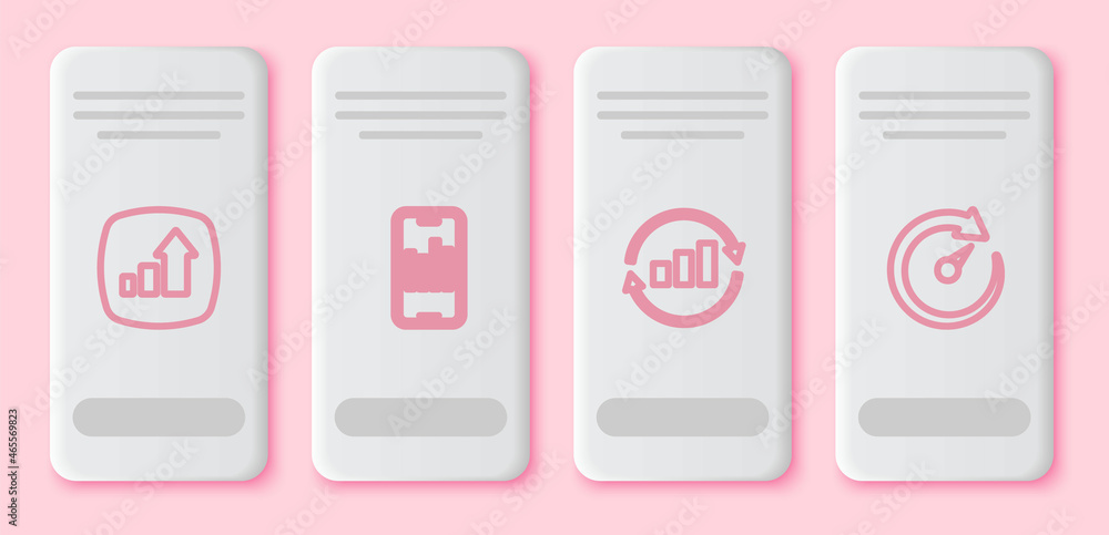 Set line Financial growth, Mobile with graph, Graph chart infographic and Digital speed meter. White rectangle button. Vector Set line Financial growth, Mobile with graph, Graph chart infographic and Digital speed meter. White rectangle button. Vector