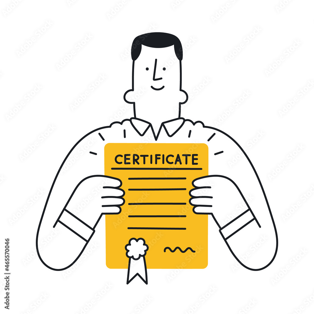 Happy man holding certificate. Outline, linear, thin line, doodle art. Simple style with editable stroke. Happy man holding certificate. Outline, linear, thin line, doodle art. Simple style with editable stroke.
