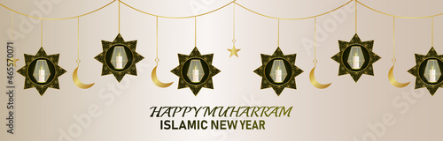 Islamic new year happy muharram banner with pattern lantern