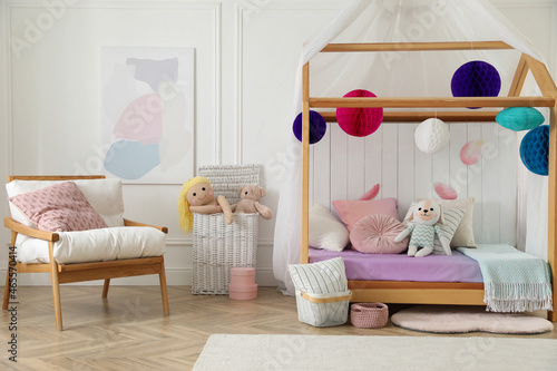 Stylish room for kid with house bed. Interior design