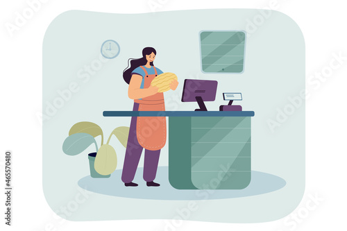 Young female cashier with watermelon at checkout in supermarket. Shop worker in apron standing at the cash register flat vector illustration. Market business services, shopping concept