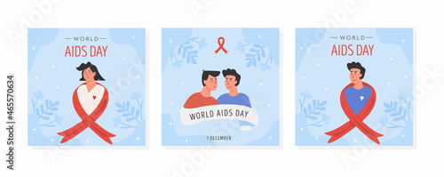 Set of World AIDS Day card. A female, male and gay couple with red awareness ribbon. Social media post, square banner templates with people and HIV symbol or emblem. Vector illustration in flat style