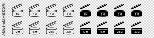  Cosmetic open month life. Expiration period symbols collection. Best before date PAO vector icons.