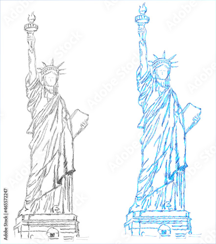 Statue of Liberty in New York sketch engraving raster illustration. T-shirt apparel print design. Scratch board imitation. Black and white hand drawn image.
