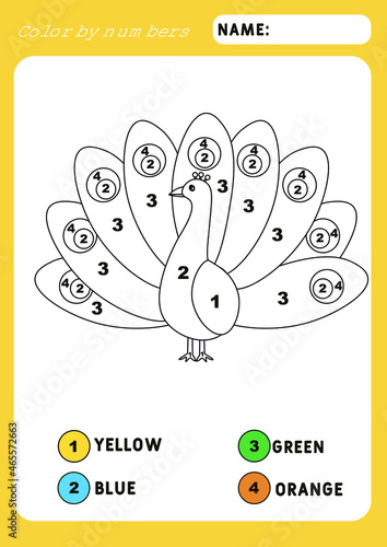 Coloring page with Peacock. Color by numbers educational children game, drawing kids activity. Animals theme. Illustration and vector outline - A4 paper ready to print.