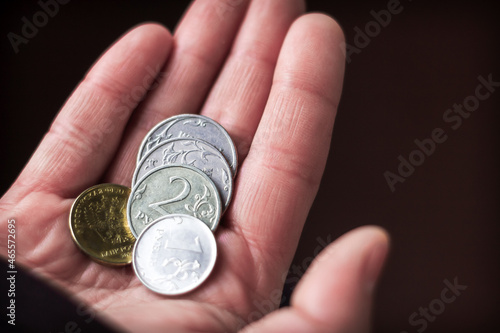a hand in the palm of which there are several Russian coins in denominations of one ruble, two rubles, five rubles and ten rubles; a symbol of lockdown and poor economic condition; poverty