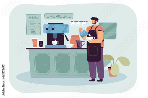 Barista wearing apron pouring whipped milk into espresso. Male character making good quality coffee flat vector illustration. Small business, coffee shop station or place concept