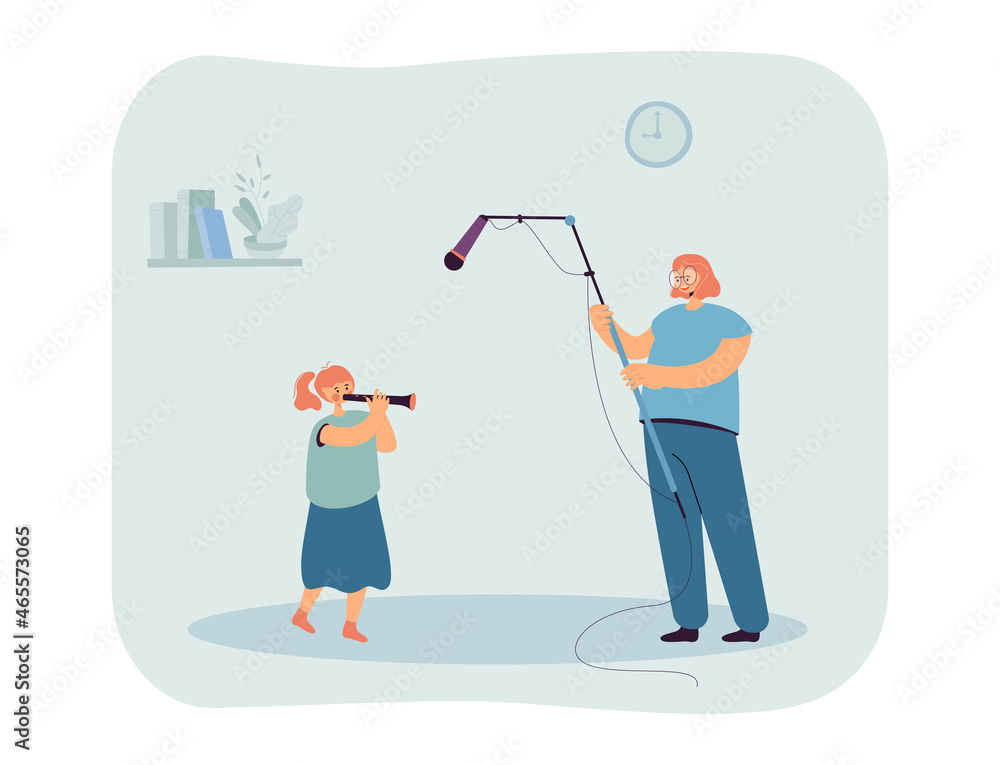Mother using microphone to record her daughter blowing trumpet. Preparation for concert flat vector illustration. Music, sound record, home studio concept for banner, website design, landing web page Mother using microphone to record her daughter blowing trumpet. Preparation for concert flat vector illustration. Music, sound record, home studio concept for banner, website design, landing web page