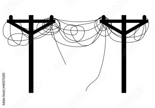 Electrical wires and telephone cable on electric pole messy tangled and broken dangerous black icon flat vector design.