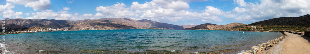 panoramic view of the bay with the sunken city of Olus, on the island of crete on a sunny day, horizontal