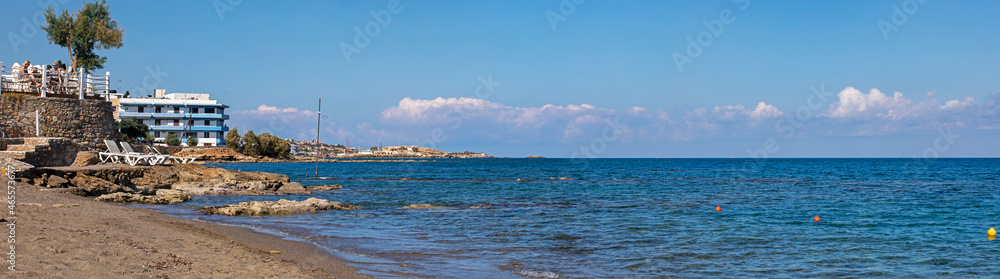 beautiful panoramic view of the beach near Hersonisos on a sunny day in Crete, horizontal