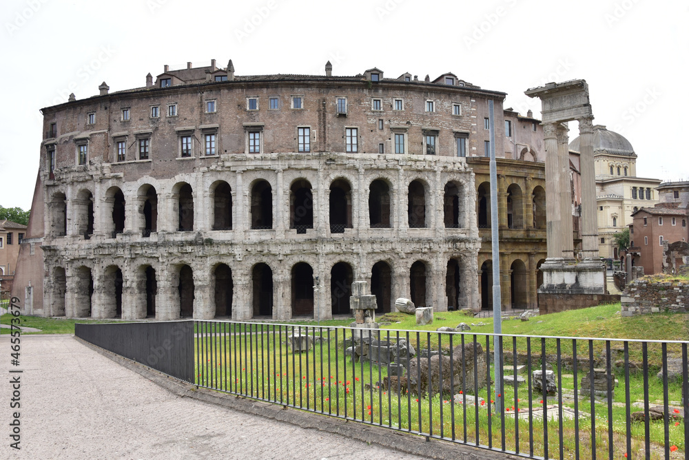 ROME, ITALY, MAY 9, 2020: View of Marcello Theater and archaeological site near Portico of Octavia in a sunny bright day - Ancient Rome
