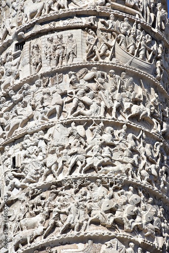 High contrast details of the bas-relief of Trajan s Column in Roman Forum in a sunny bright day     Rome  Italy 