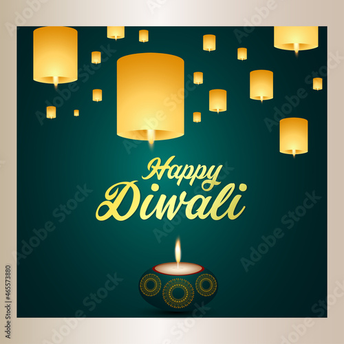 Happy diwali festival of light celebration greeting card with diwali lamp