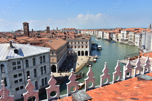 Fototapeta Naklejka Na Ścianę i Meble -  VENICE, AUGUST 24, 2020, View from a terrace of Grand Canal with gondolas, boats and canal boats for public transport