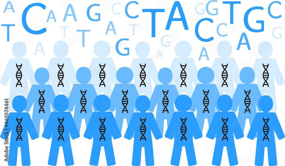 Illustration of human population carrying DNA - population genetics and genetic studies Illustration of human population carrying DNA - population genetics and genetic studies