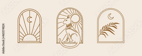 Bohemian line logo art. Icon and symbols with Cat, sun and moon. arch window design geometric abstract design elements for decoration vector Illustration