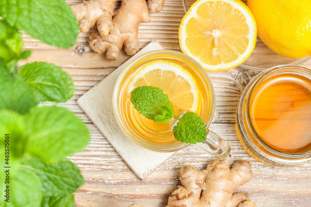 Cup of tea with lemon, ginger root and mint leaf Cup of tea with lemon, ginger root and mint leaf