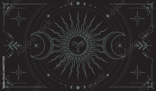 Vector mystical boho background with ornate outline geometric frame, magical sun with sleeping face, moon phases, stars, concentric circles and crescents. Occult linear banner stylized as engraving