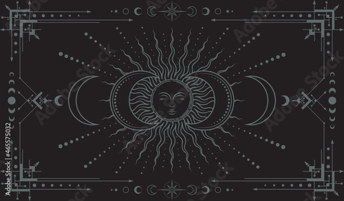 Vector mystical boho background with ornate outline geometric frame, magical sun with sleeping face, moon phases, stars, concentric circles and crescents. Occult linear banner stylized as engraving