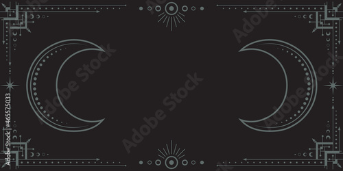 Dark boho background with a copy space. Mystical poster with an ornate geometric frame, outline crescents, stars and moon phases. Magical linear banner in black color with a place for text