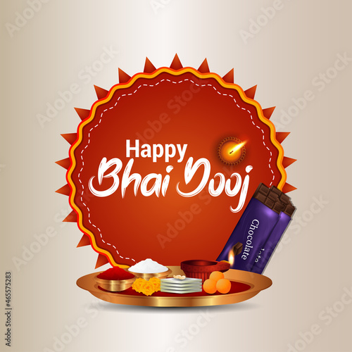 Happy bhai dooj invitation greeting card with pooja thali on creative background