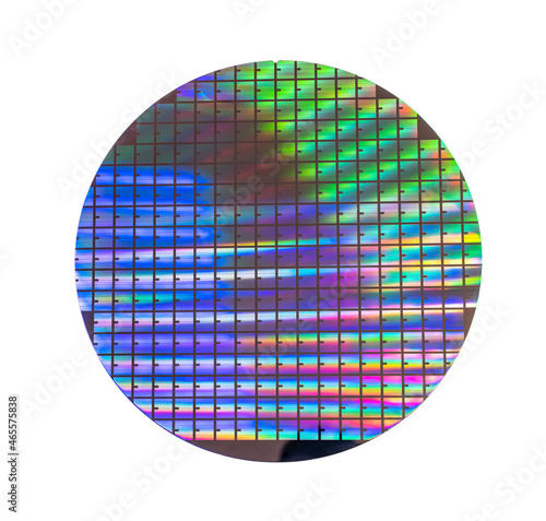 Silicon wafer with chips isolated on white background