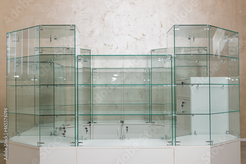 counter for retail sale of goods in a store made of glass and wooden panels. Equipment forsale of products. concept is business and entrepreneurship.