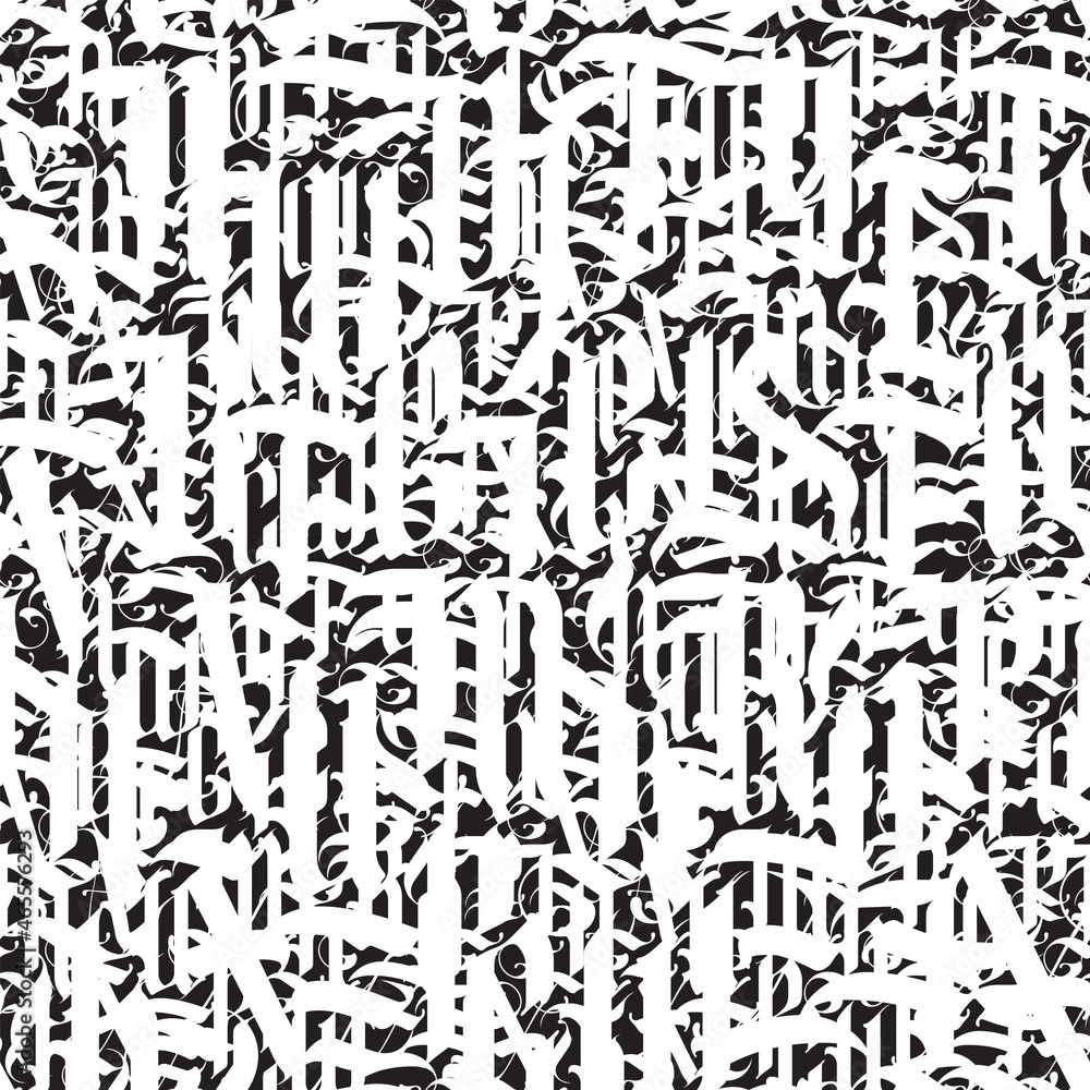 Black and white seamless pattern of capital Gothic letters. Vector texture with ornate Latin letters. Suitable for wallpaper, wrapping paper, fabric. Repeating background of english alphabet letters Black and white seamless pattern of capital Gothic letters. Vector texture with ornate Latin letters. Suitable for wallpaper, wrapping paper, fabric. Repeating background of english alphabet letters