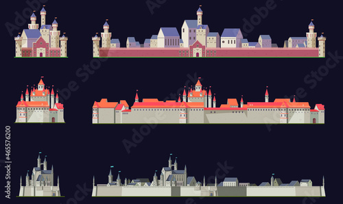 Vector flat illustration of three medieval castles and cities
