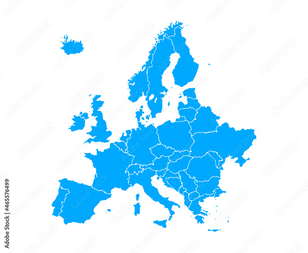 Blue Europe Map On A White Background In Flat Vector Illustration 