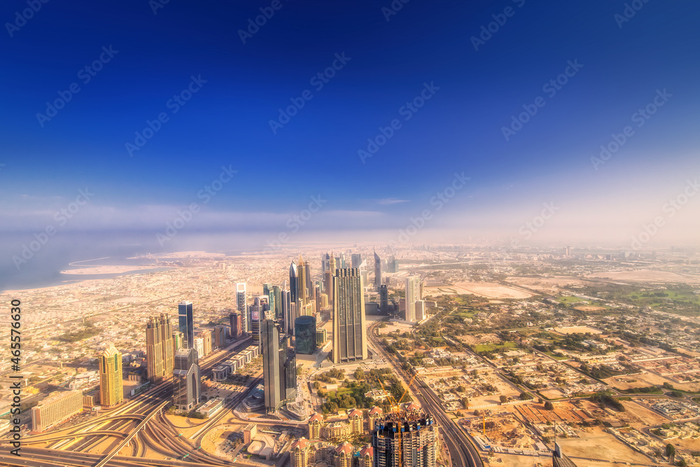 Obraz premium View of Sheikh Zayed Road skyscrapers and downtown from Burj Khalifa in Duba