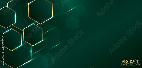 Abstract background design. Hexagons with a gold outline on a green background.