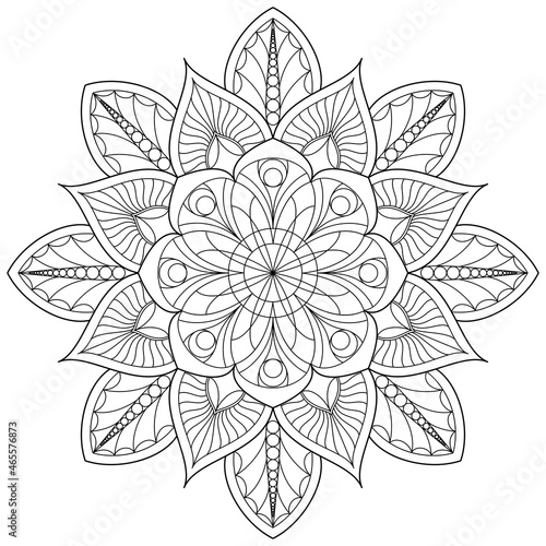 Contour drawing of a mandala on a white background.