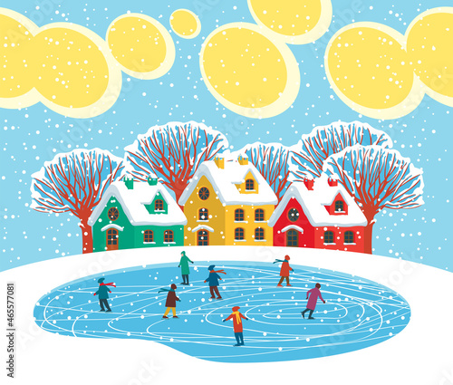 Winter landscape with cute colorful houses, snow-covered trees and kids skating on large ice rink. Cartoon vector illustration, greeting card or decorative banner in flat style. Happy winter holidays
