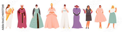 Development of woman's fashion from ancient times to the present. Middle Ages, Rococo, Baroque, Empire style. Vector illustration