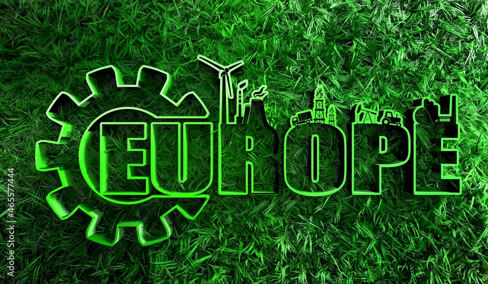 Europe word with industrial icons and green grass