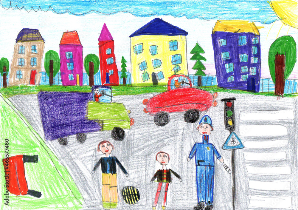Childs drawing of the buildings and cars Happy family on a walk Stock  Photo Picture And Low Budget Royalty Free Image Pic ESY041250538   agefotostock