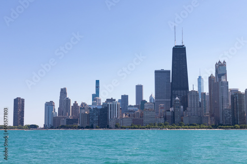 Chicago Skyline along Lake Michigan during the Summer with a Clear Blue Sky