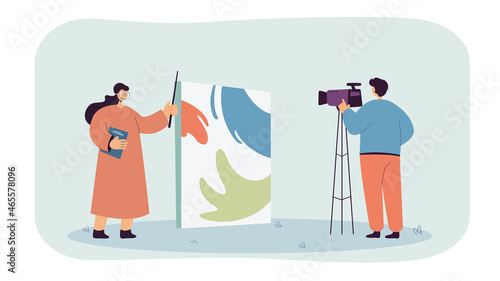 Cameraman filming art teacher showing her work. Man shooting reportage about art school, gallery, museum flat vector illustration. Art, television concept for banner, website design, landing web page