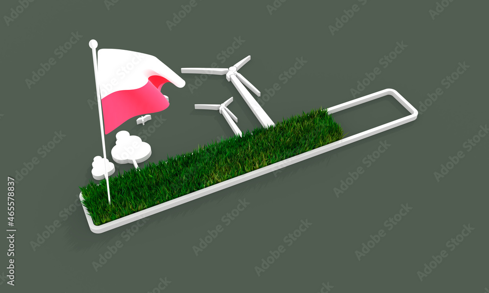 Progress or loading bar with trees and wind turbine. Flag of Poland