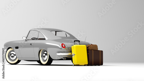 Stylized, toy looking vintage car. Travel theme. 3d render.